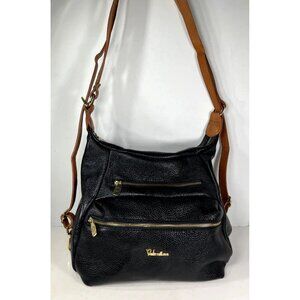 Valentina Italian Leather Black  with Brown Trim Convertible Strap Shoulder Bag